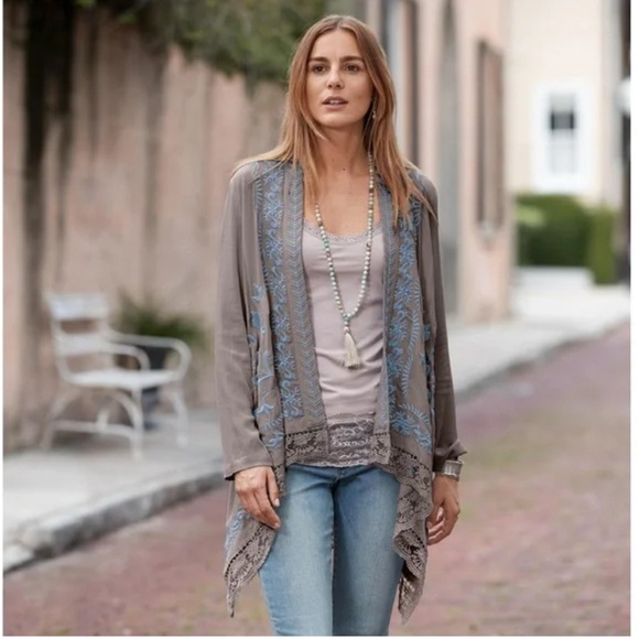 Sweaters - Sundance Long Life Kimono Size Small Blue Gray Embroidered Open Knit